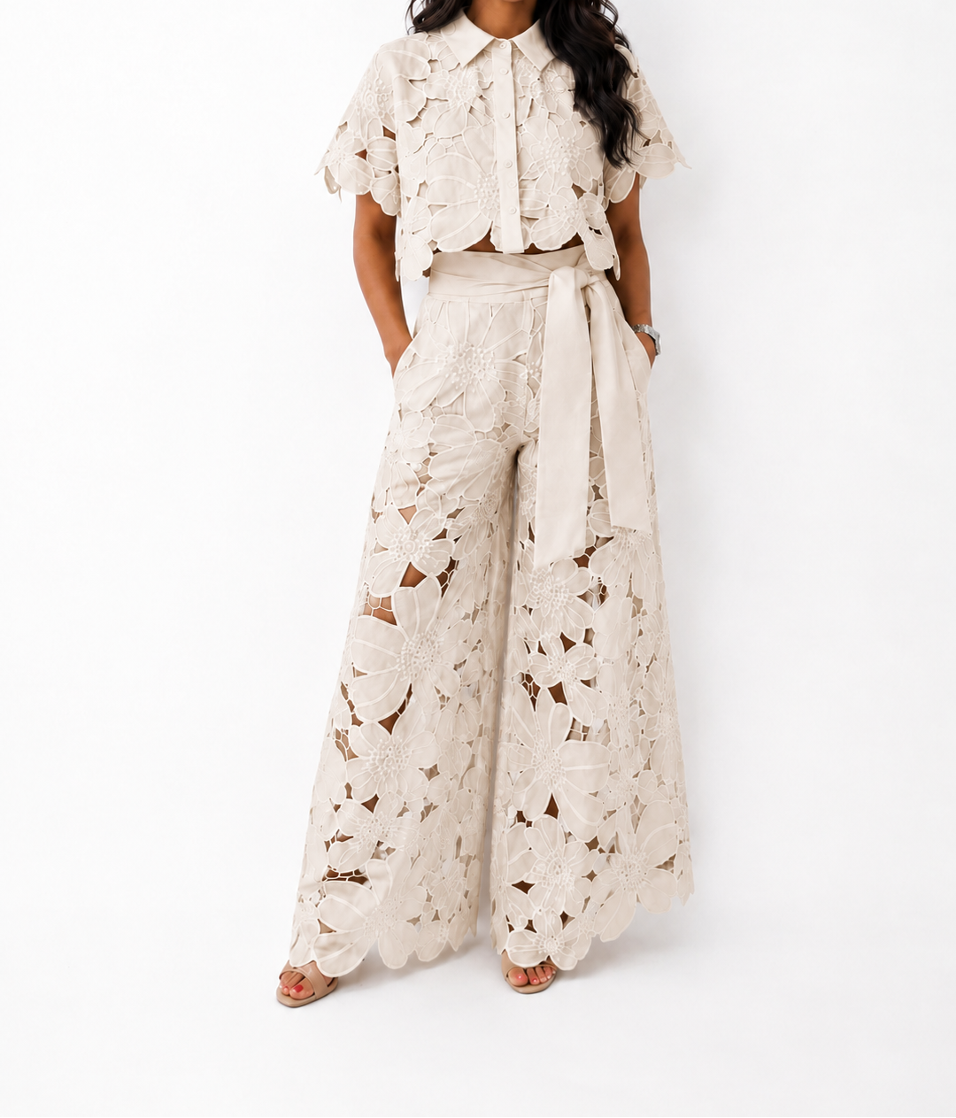 Crochet Lace Short Sleeve Top and Belted Wide Leg Pants Two Piece Set 2