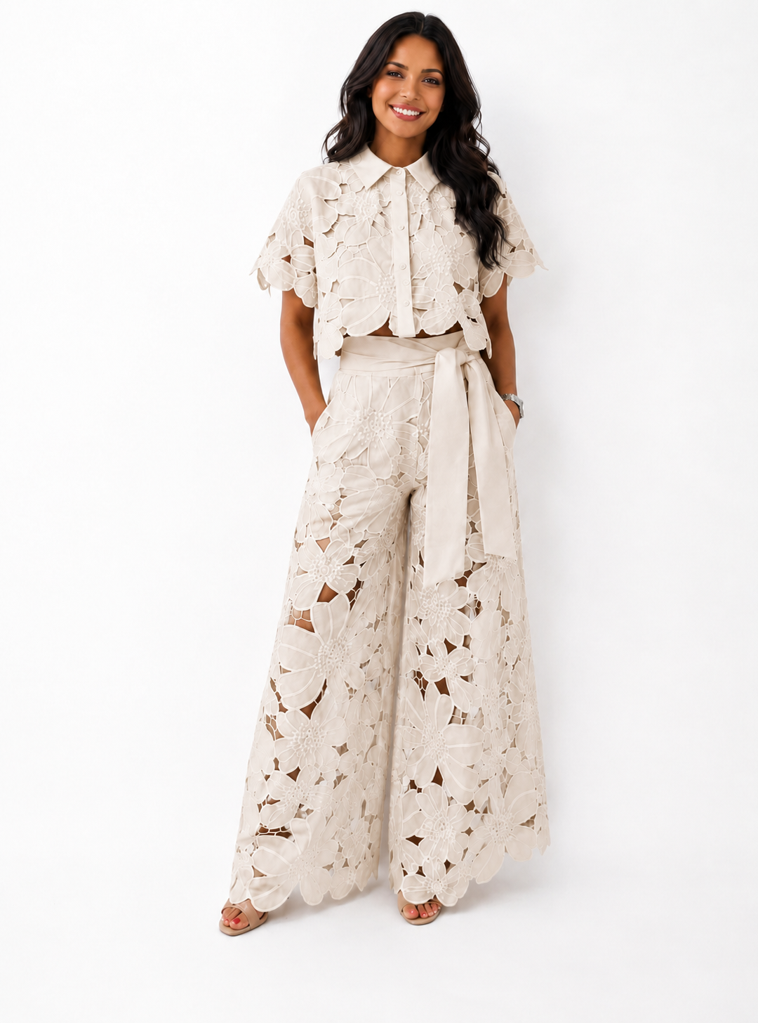 Crochet Lace Short Sleeve Crop Top and Wide Leg Pants Two Piece Set 2