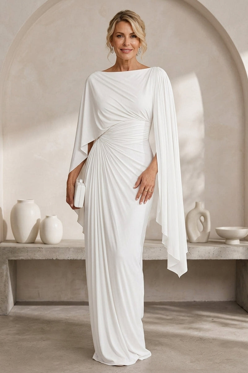 Boat Neck Draped Cape Sleeve Ruched Maxi Gown 2