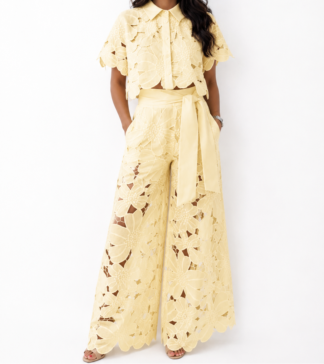 Crochet Lace Short Sleeve Top and Belted Wide Leg Pants Two Piece Set 3