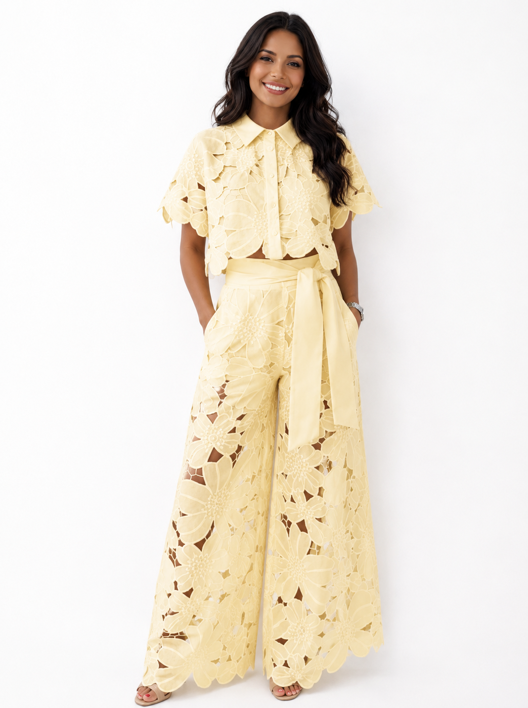 Crochet Lace Short Sleeve Crop Top and Wide Leg Pants Two Piece Set 3
