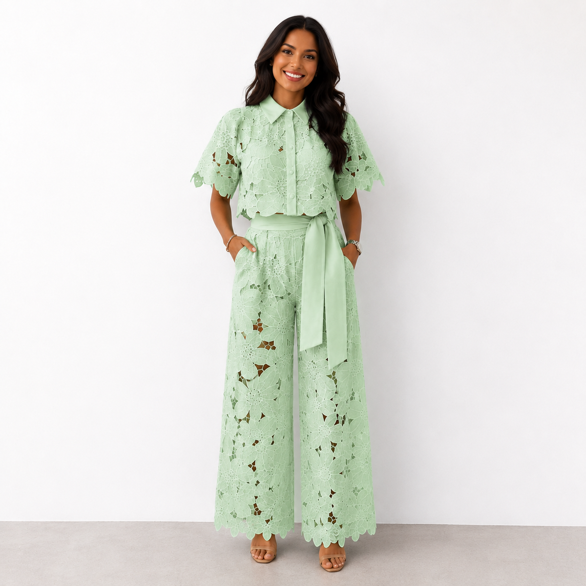 Crochet Lace Short Sleeve Crop Top and Wide Leg Pants Two Piece Set 4
