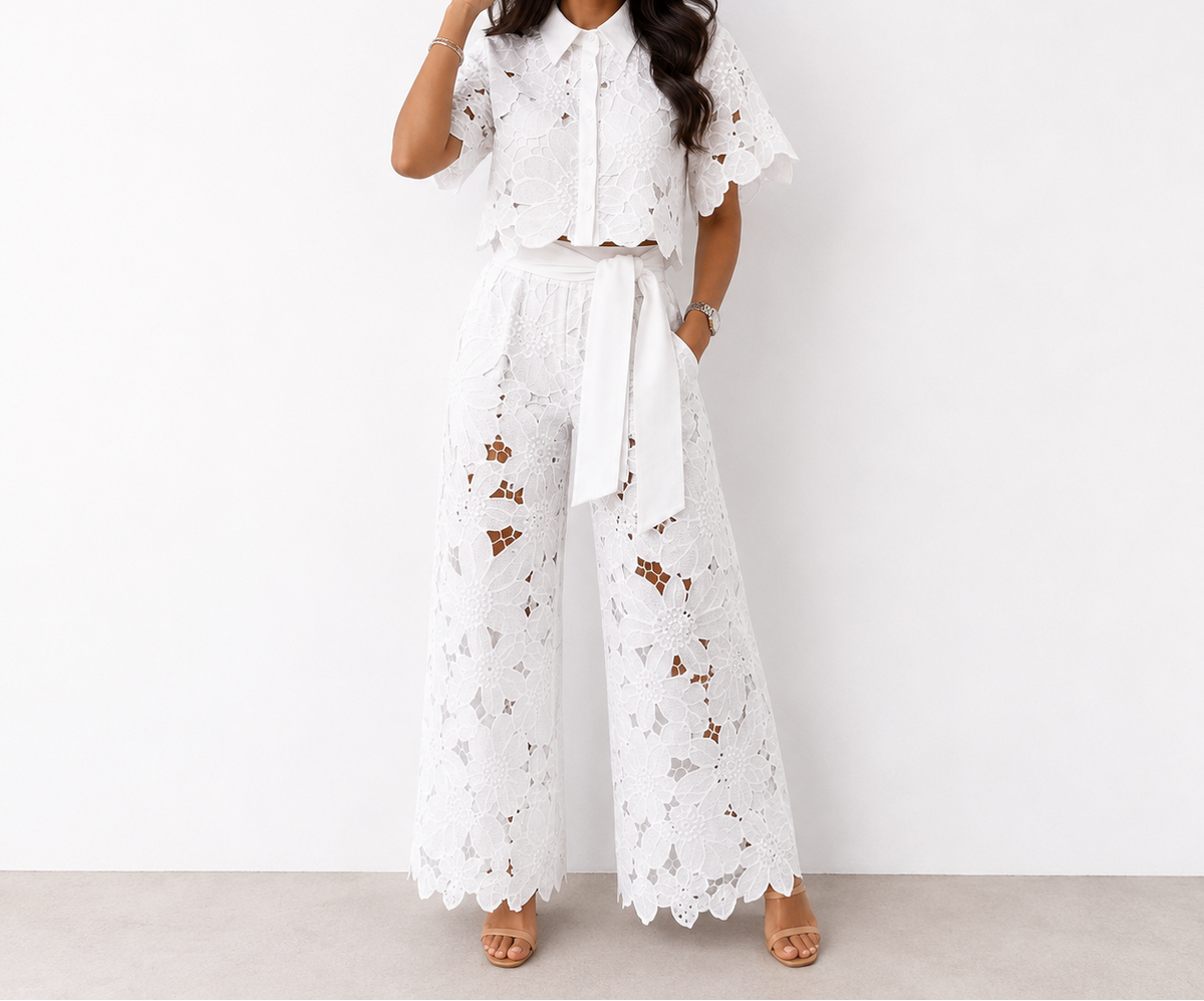 Crochet Lace Short Sleeve Top and Belted Wide Leg Pants Two Piece Set 5