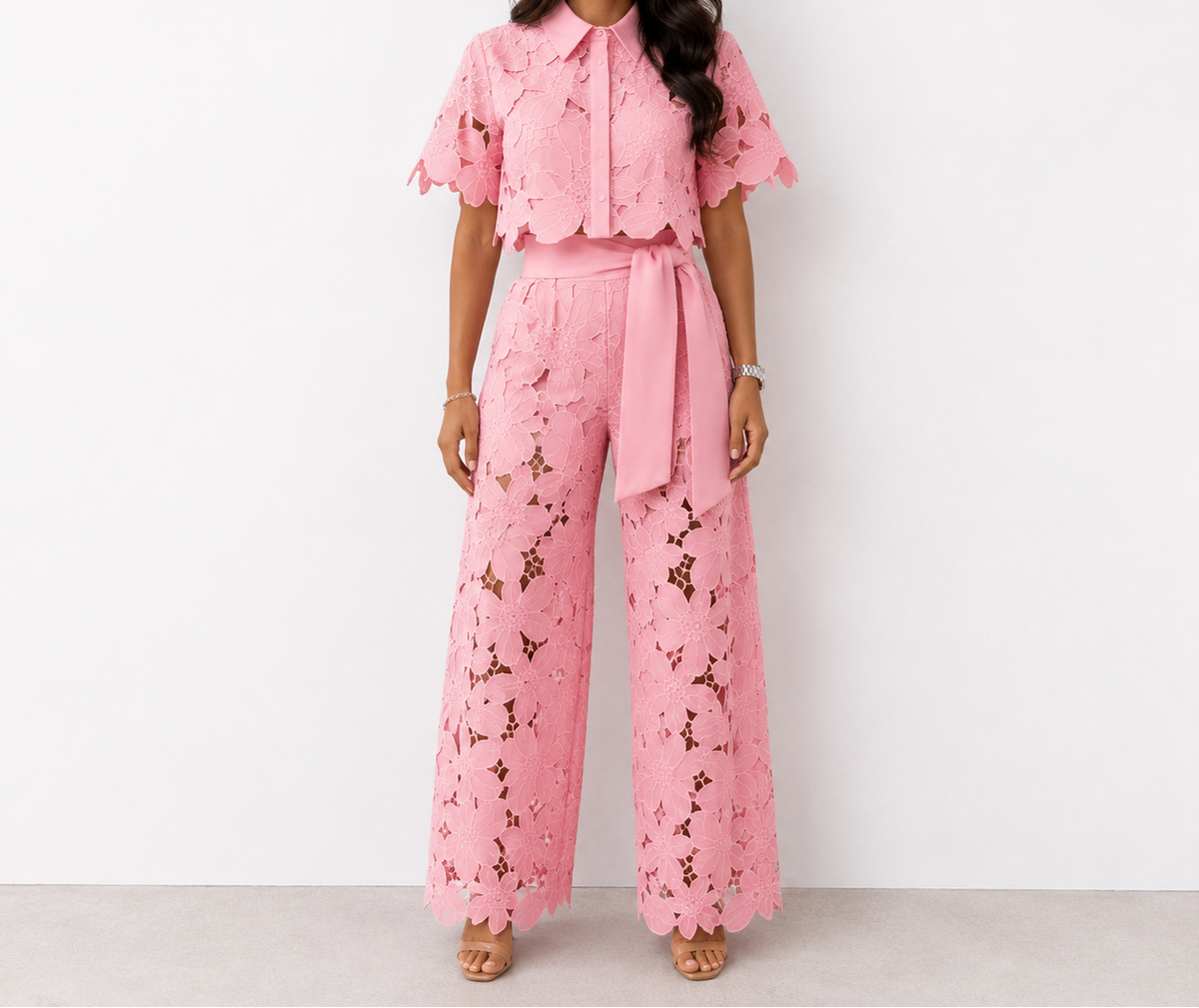 Crochet Lace Short Sleeve Top and Belted Wide Leg Pants Two Piece Set 9