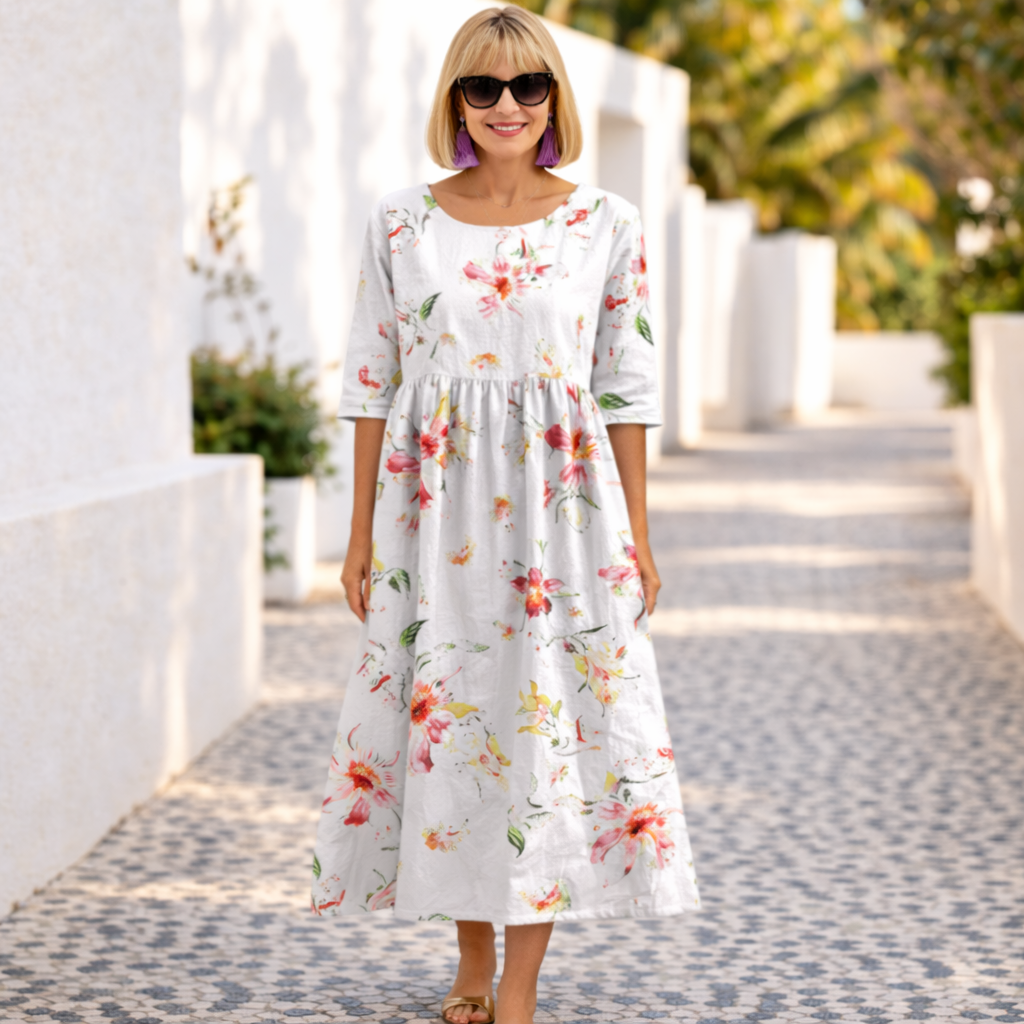 Floral Round Neck Half Sleeve Empire Midi Dress 4