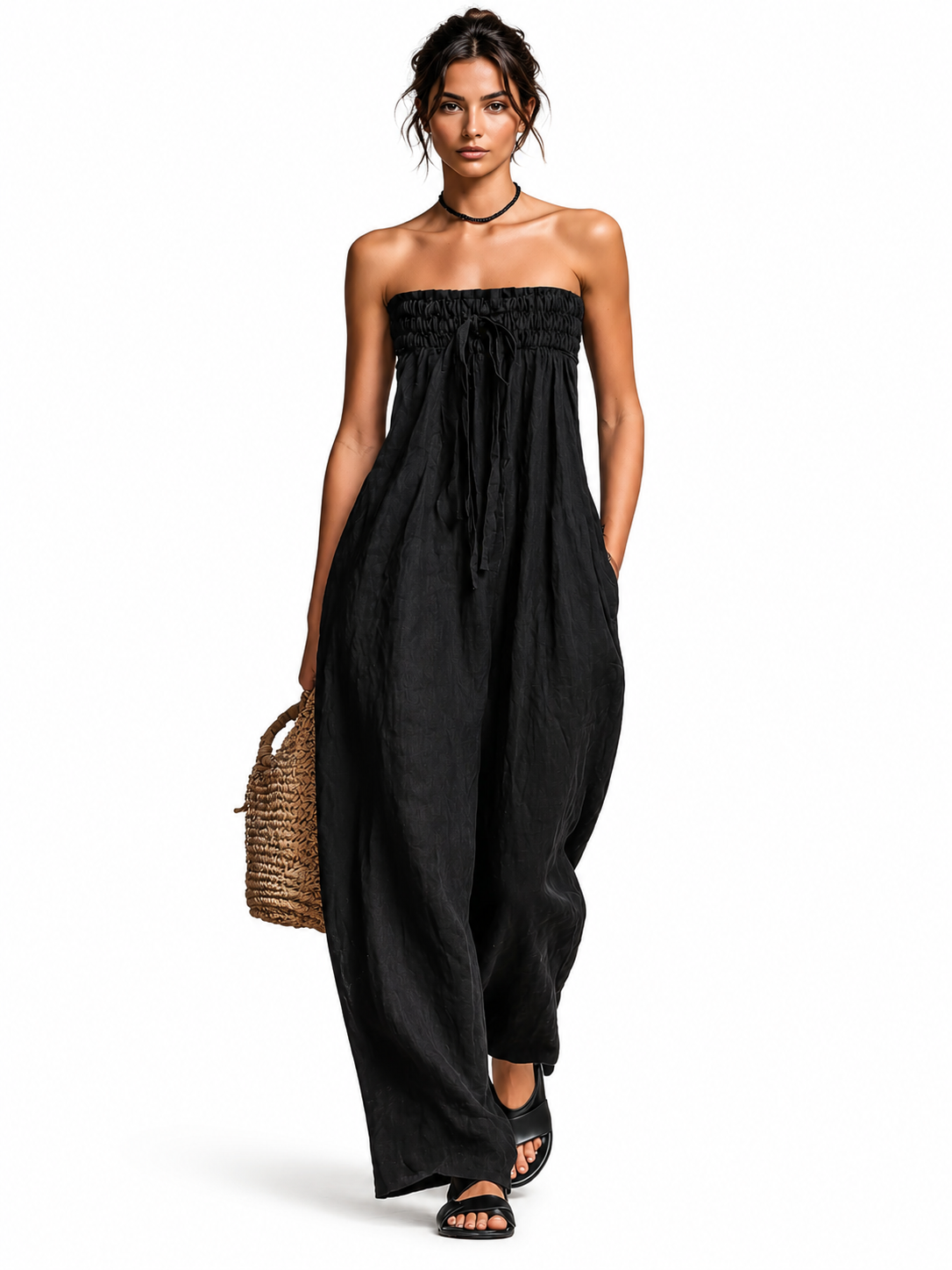 Strapless Smocked Drawstring Wide Leg Jumpsuit 2