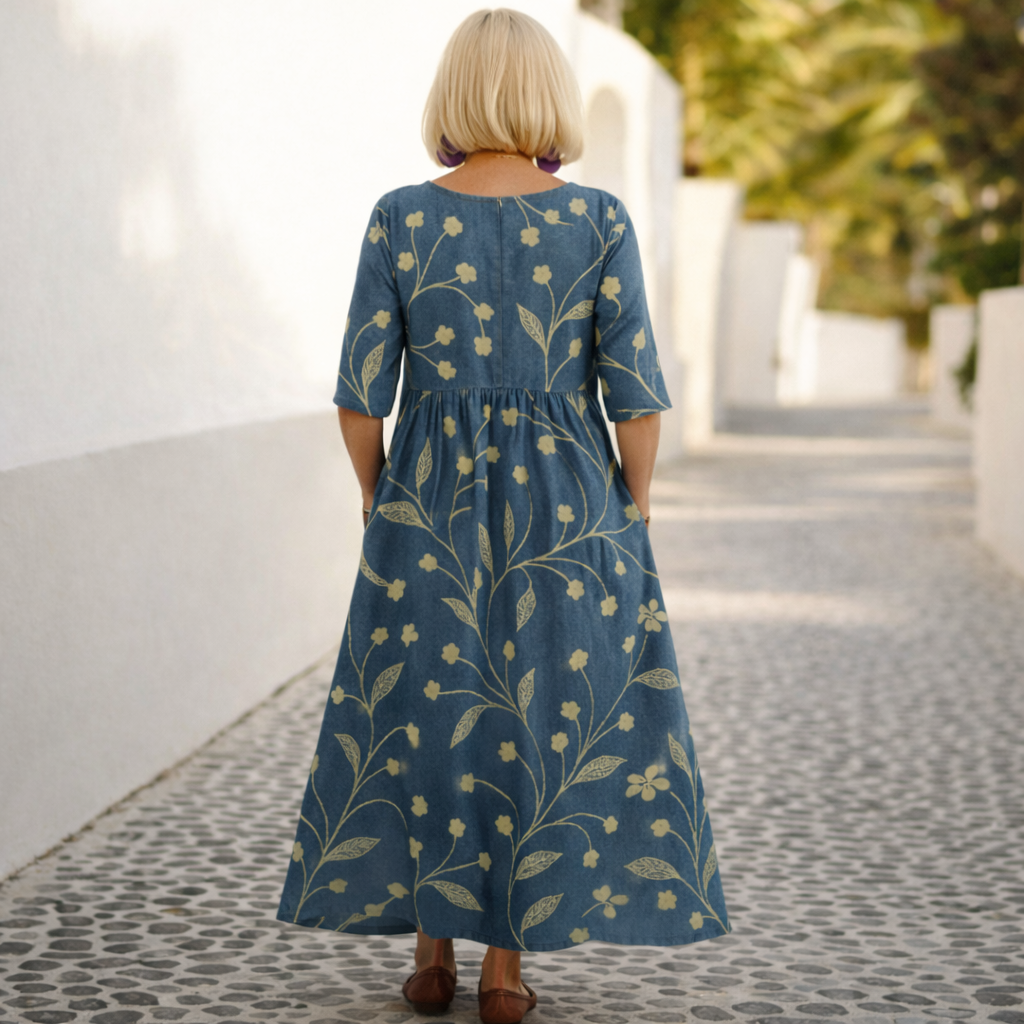 Floral Embroidered Round Neck Half Sleeve A-Line Midi Dress 2