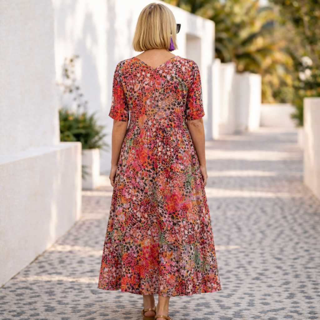 V-Neck Short Sleeve Floral Pocket Midi Dress 2