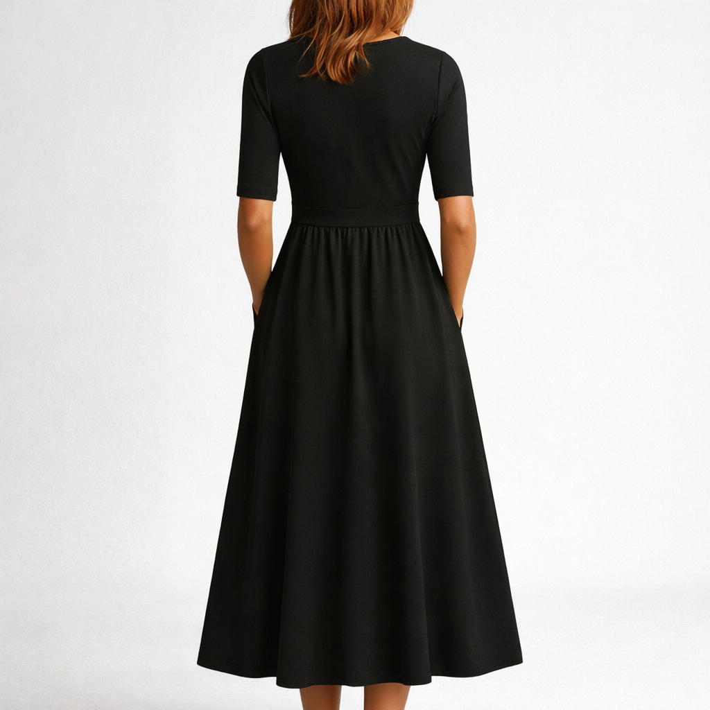 V-Neck Wrap Short Sleeve Pocket Fit and Flare Midi Dress 3