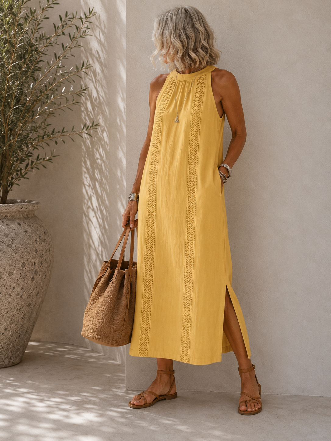 Lace Panel Halter Neck Side Split Maxi Dress 3