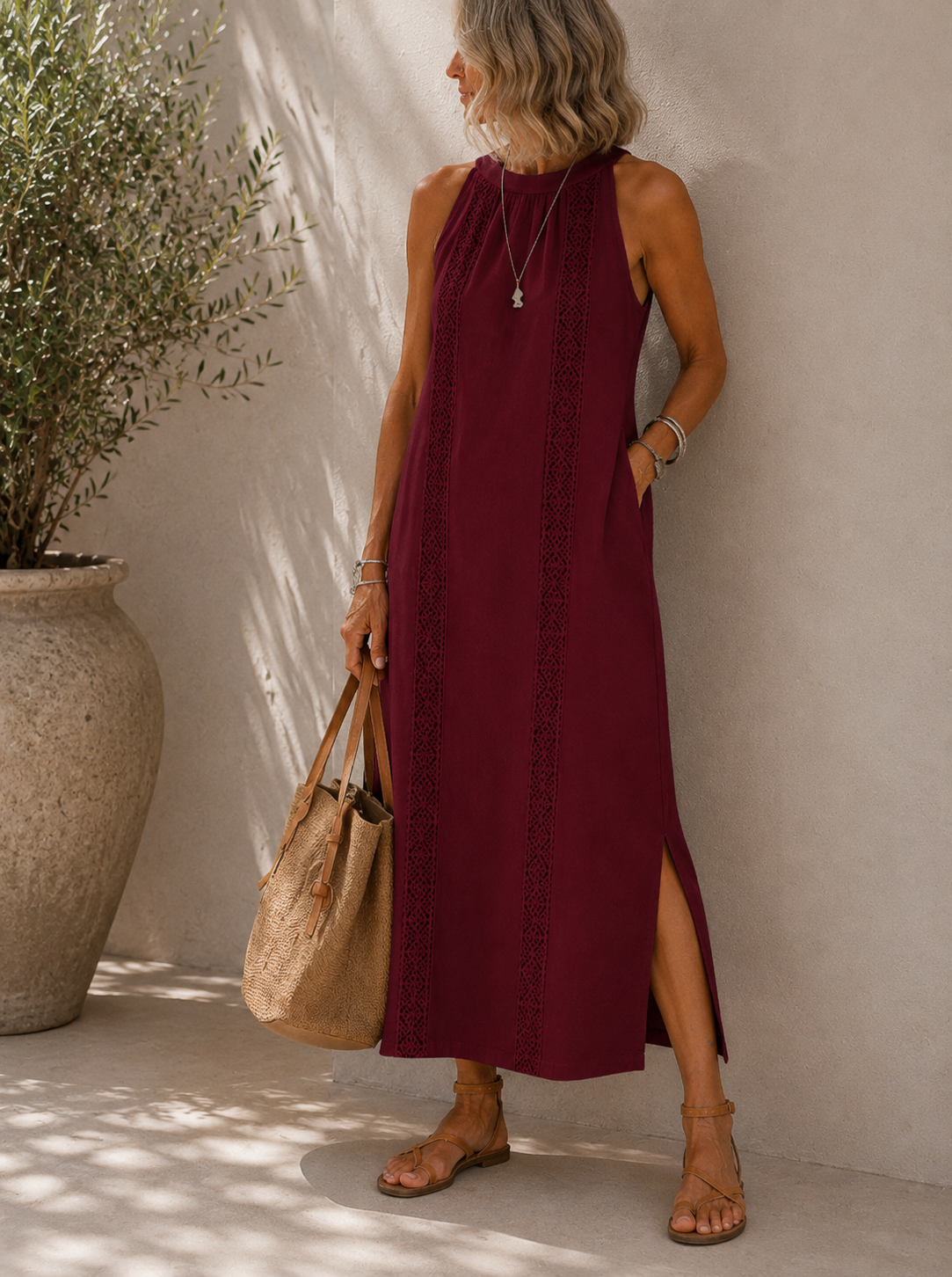 Lace Panel Halter Neck Side Split Maxi Dress 4