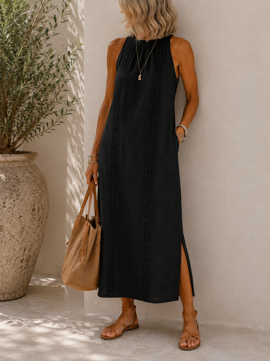 Lace Panel Halter Neck Side Split Maxi Dress 6