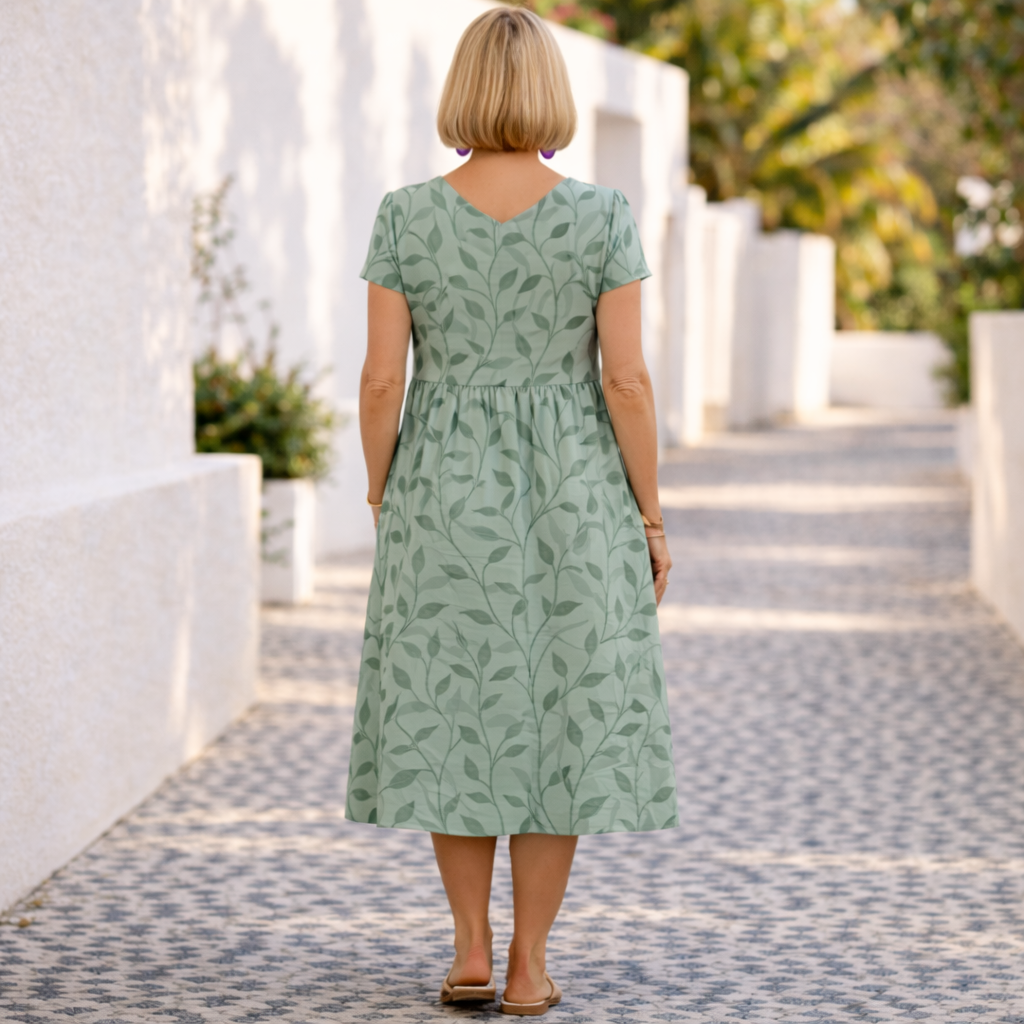 Leaf Print Notch Neck Short Sleeve A-Line Midi Dress with Pockets 2