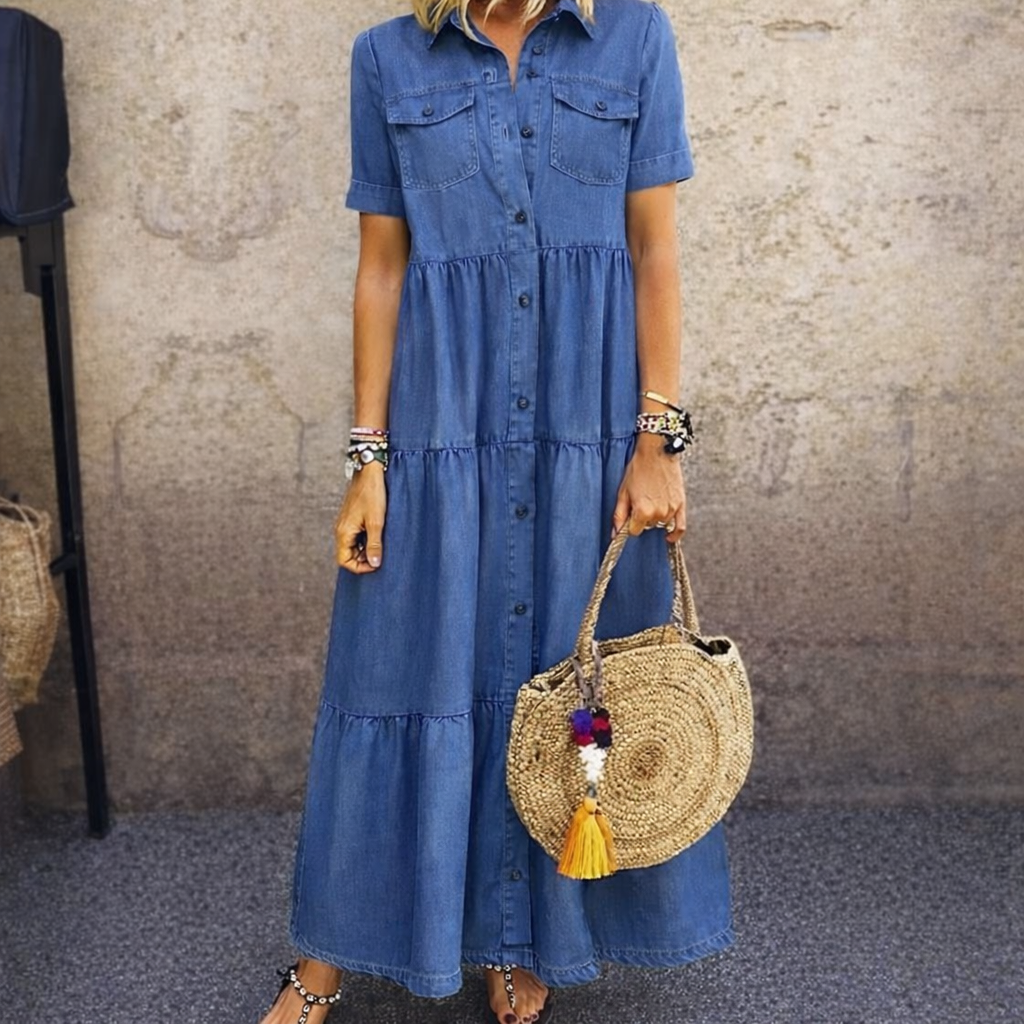 Collared Short Sleeve Button Front Tiered Denim Maxi Dress 2