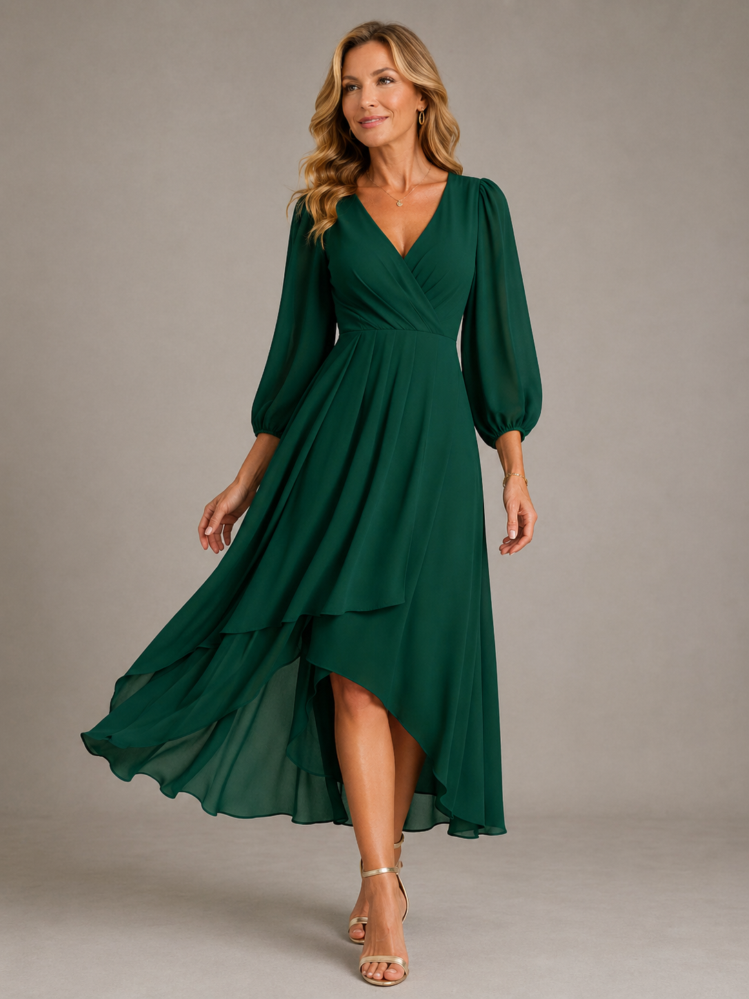 Wrap V-Neck Long Sleeve High Low Chiffon Midi Dress 3