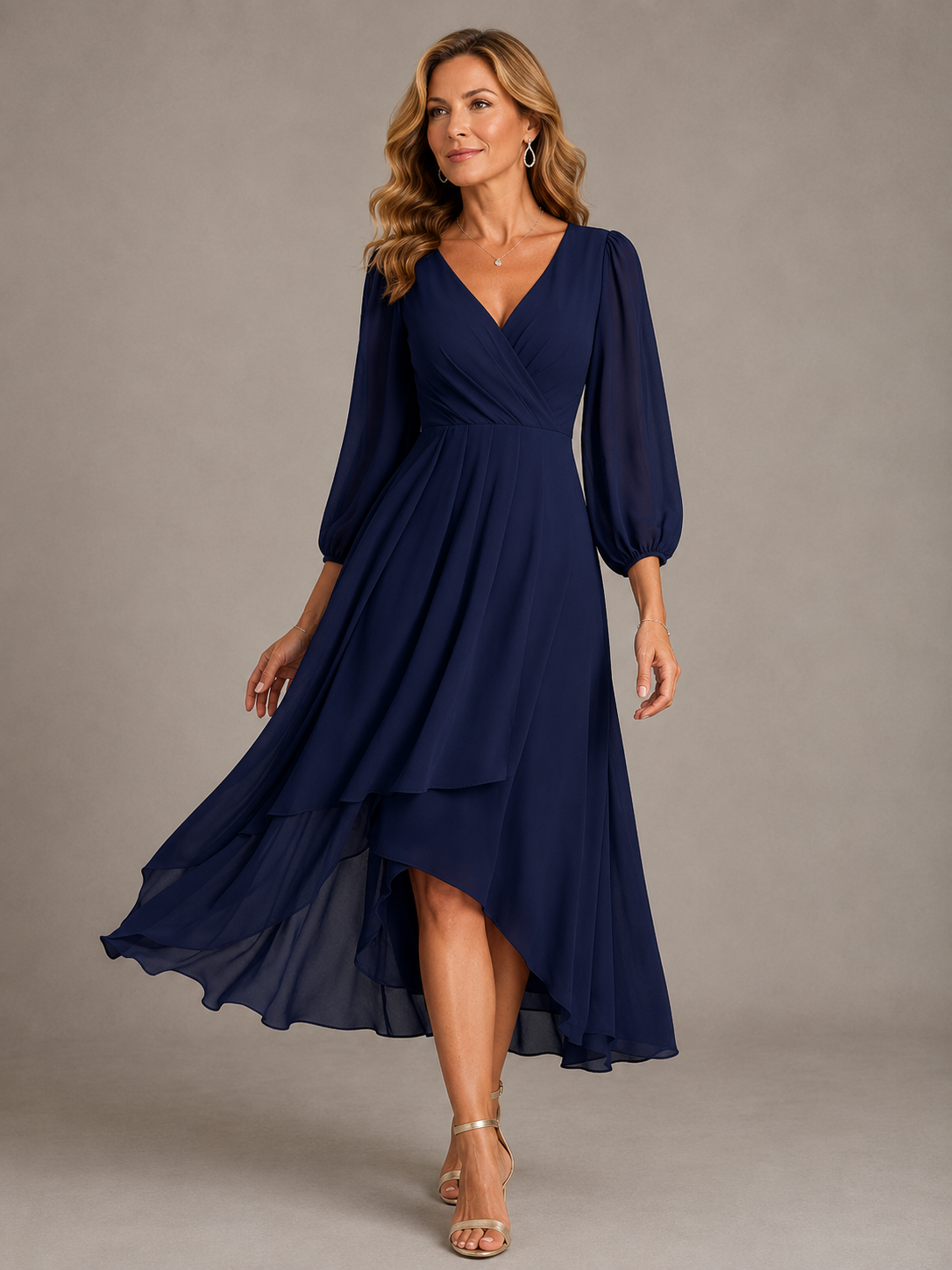 Wrap V-Neck Long Sleeve High Low Chiffon Midi Dress 4