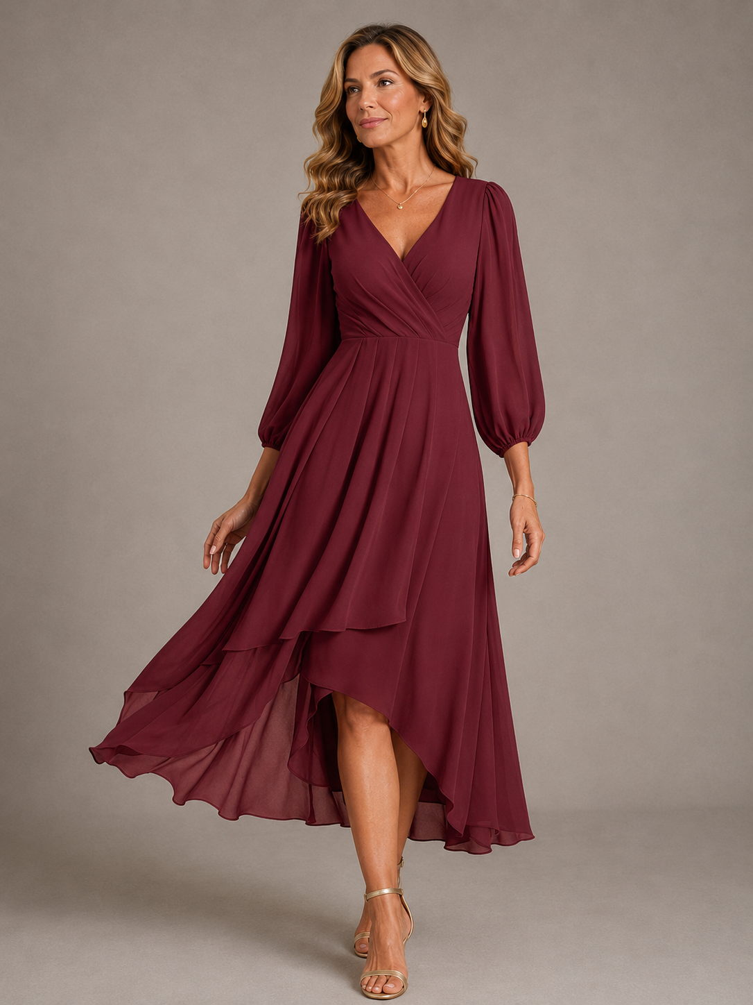 Wrap V-Neck Long Sleeve High Low Chiffon Midi Dress 5