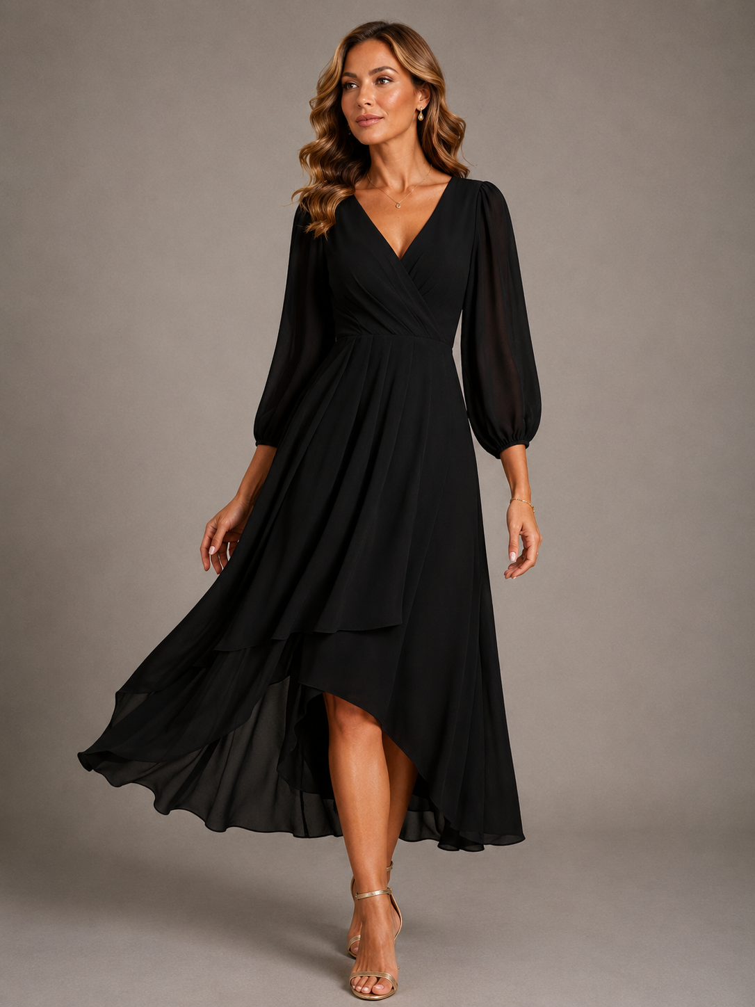 Wrap V-Neck Long Sleeve High Low Chiffon Midi Dress 6