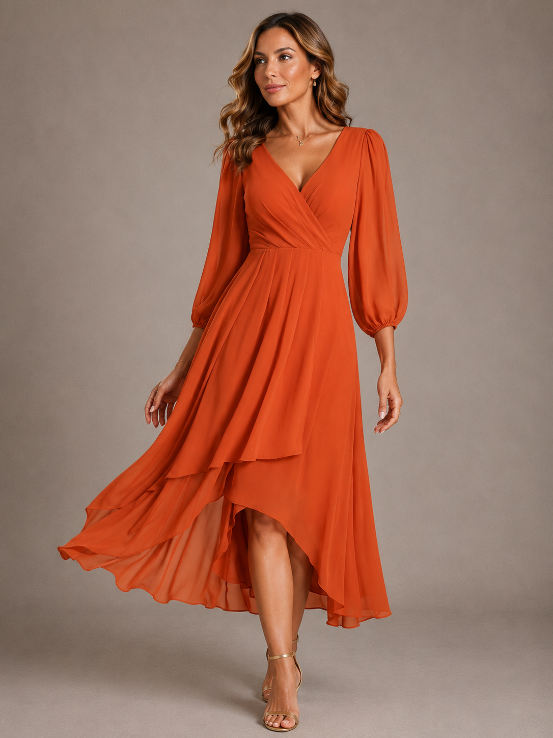 Wrap V-Neck Long Sleeve High Low Chiffon Midi Dress 8