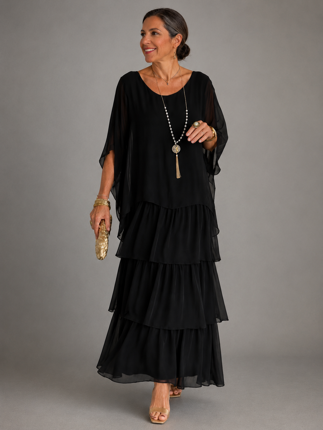 Round Neck Flutter Sleeve Tiered Chiffon Maxi Dress 3