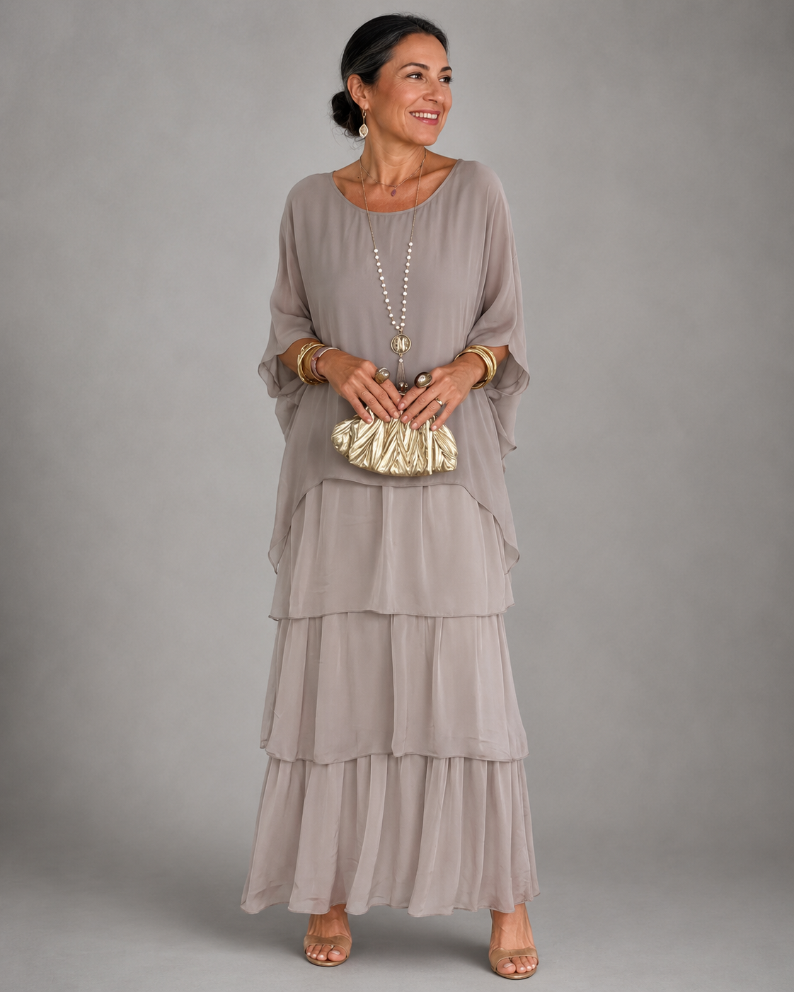 Round Neck Flutter Sleeve Tiered Chiffon Maxi Dress 4