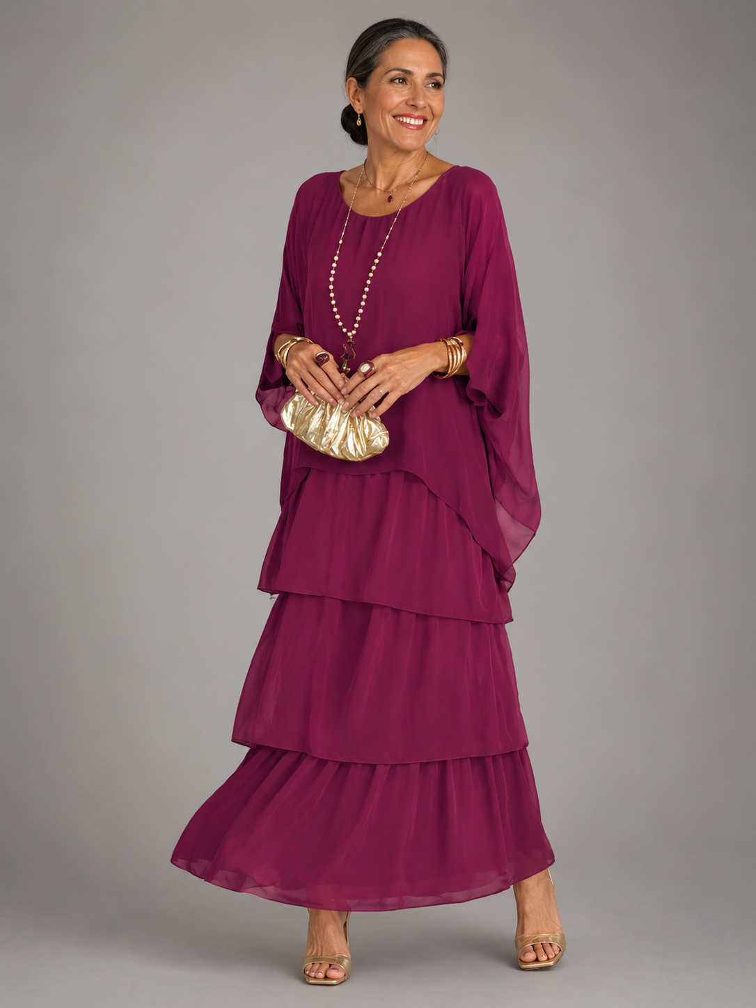 Chiffon Cape Overlay Top and Tiered Print Maxi Skirt Two Piece Set 5