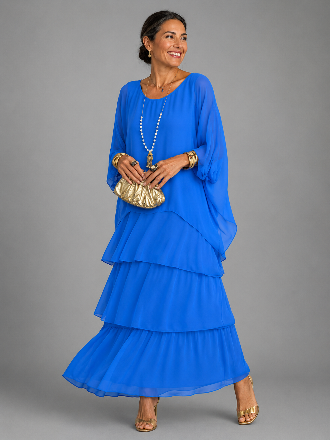 Round Neck Flutter Sleeve Tiered Chiffon Maxi Dress 6