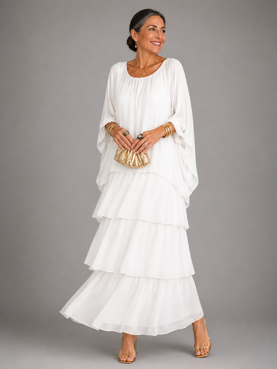 Round Neck Flutter Sleeve Tiered Chiffon Maxi Dress 7
