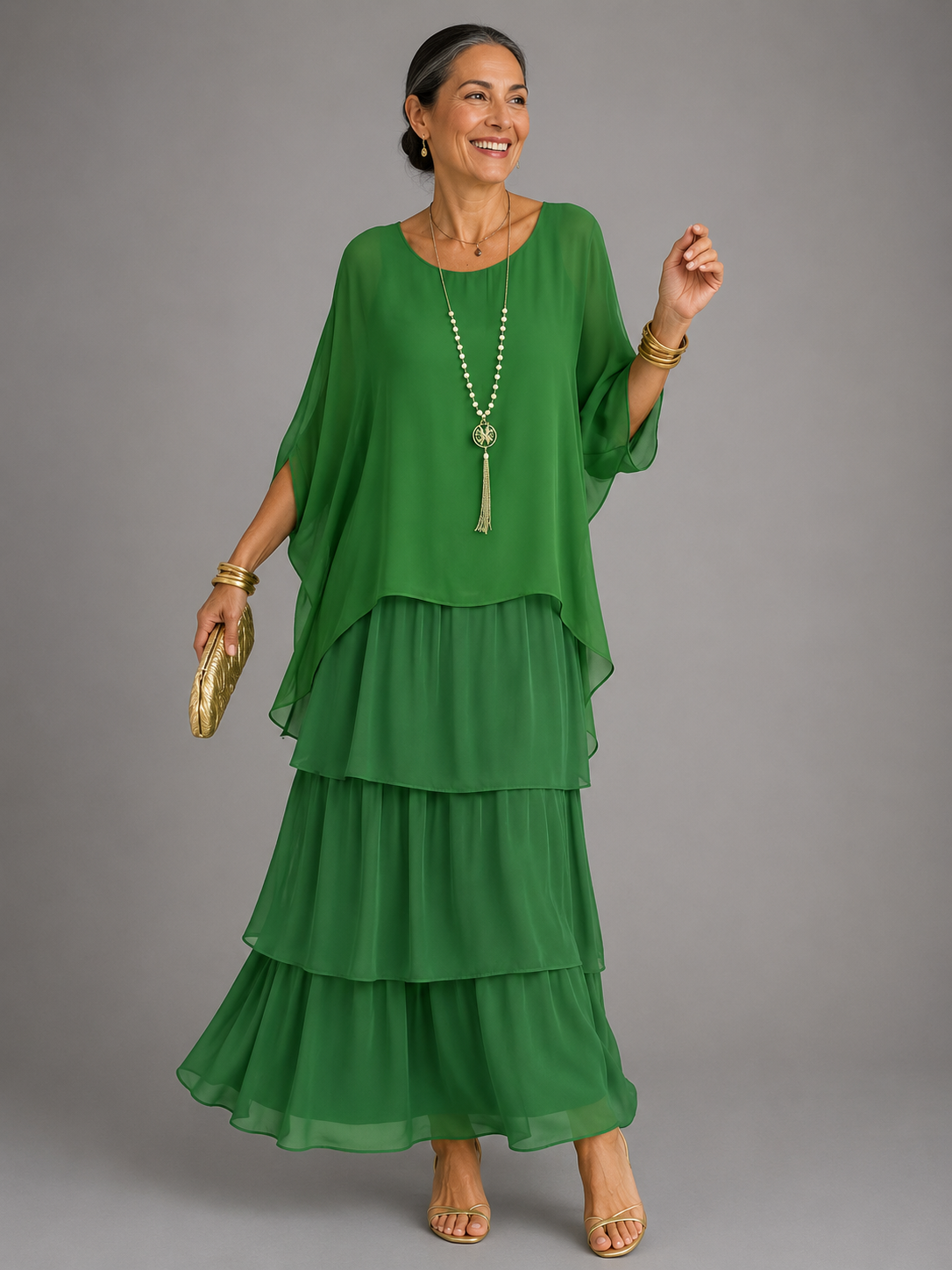 Chiffon Cape Overlay Top and Tiered Print Maxi Skirt Two Piece Set 8