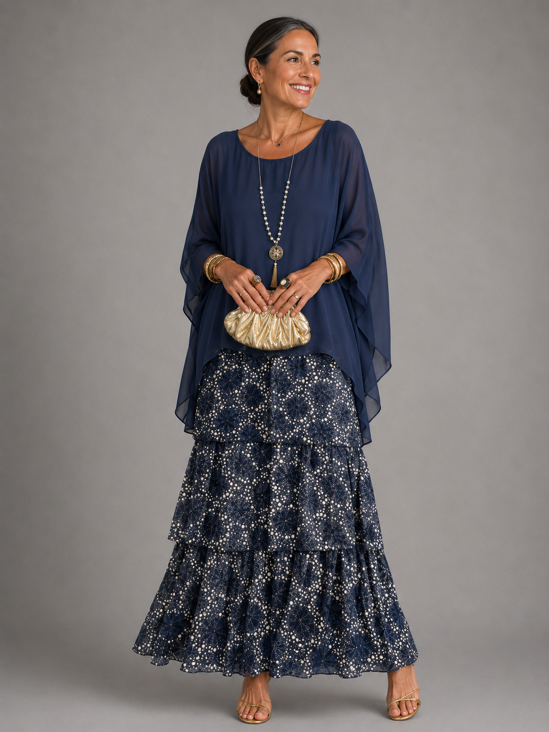 Round Neck Flutter Sleeve Tiered Chiffon Maxi Dress 11