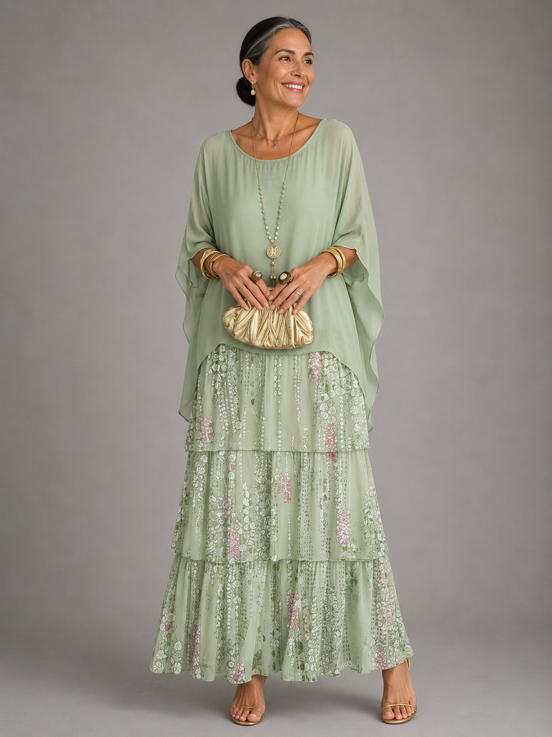 Round Neck Flutter Sleeve Tiered Chiffon Maxi Dress 13