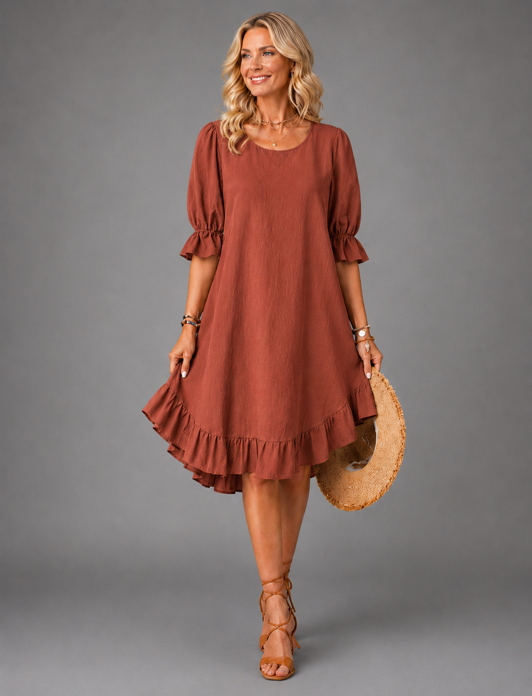 Round Neck Ruffle Sleeve Ruffle Hem A-Line Midi Dress 3