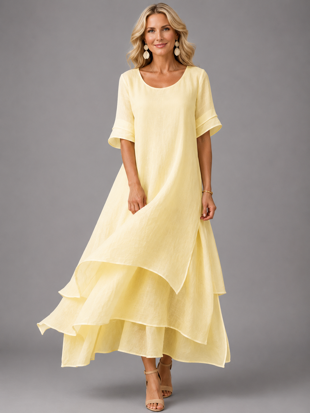 Round Neck Flounce Sleeve Layered Tiered Chiffon Maxi Dress 4
