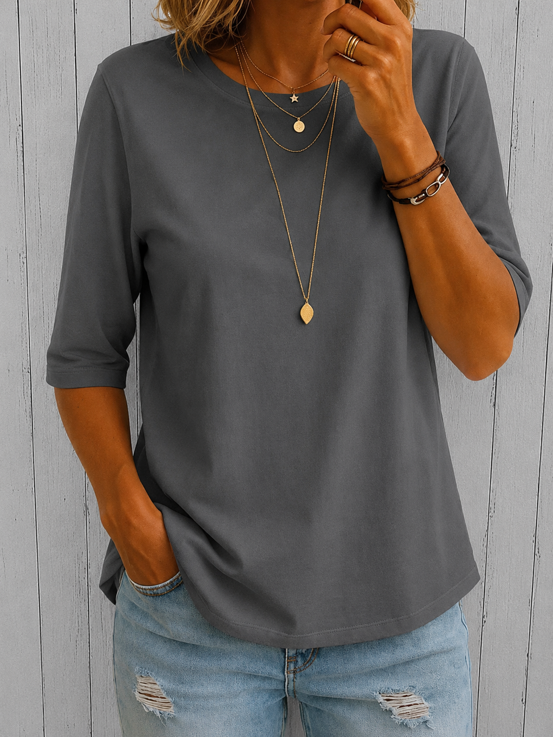 Round Neck Half Sleeve Basic Tee Top