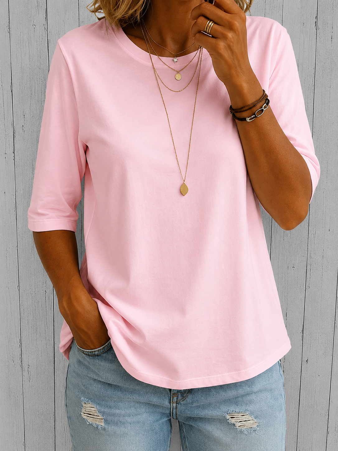 Round Neck Half Sleeve Basic Tee Top 5