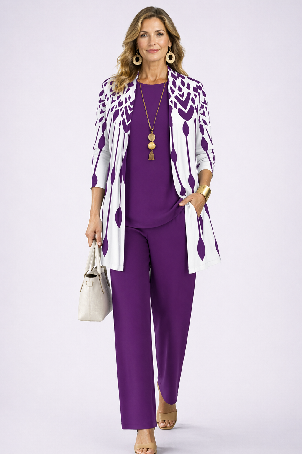 Geometric Print Jacket Sleeveless Top and Pants Three Piece Set 2