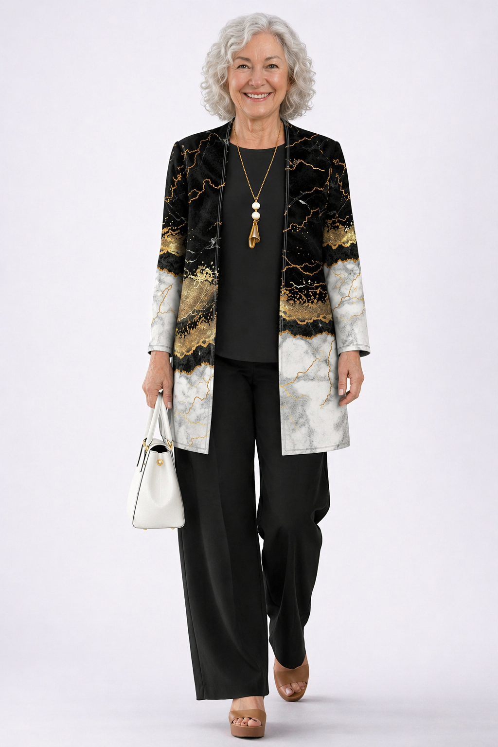 Metallic Marble Print Longline Cardigan Tank and Pants Three Piece Set