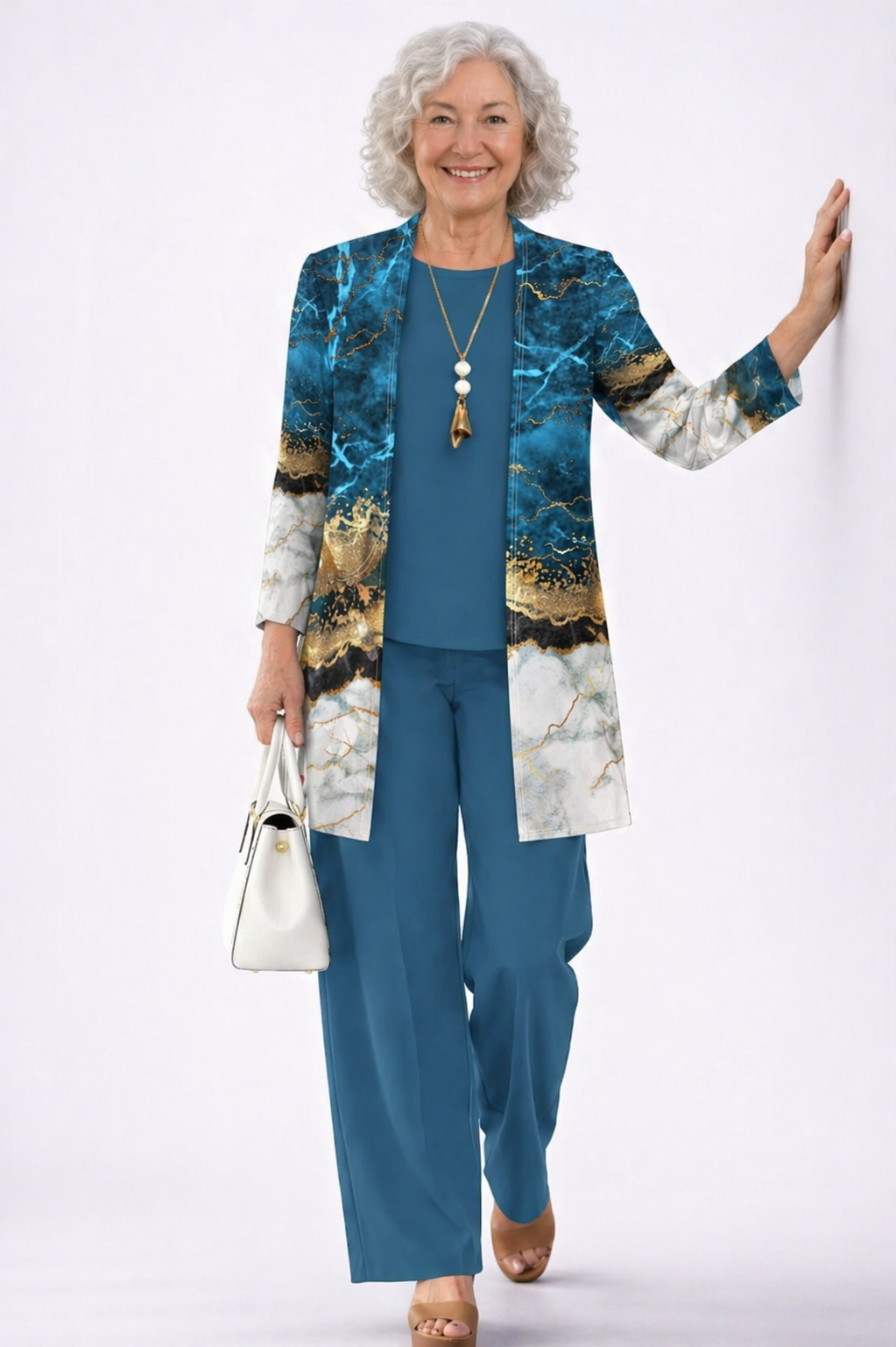 Marble Print Open Front Jacket Tank and Wide Leg Pants Three Piece Set