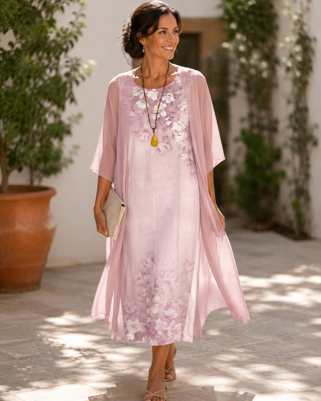 Floral Print Sleeveless Midi Dress and Sheer Duster Two Piece Set
