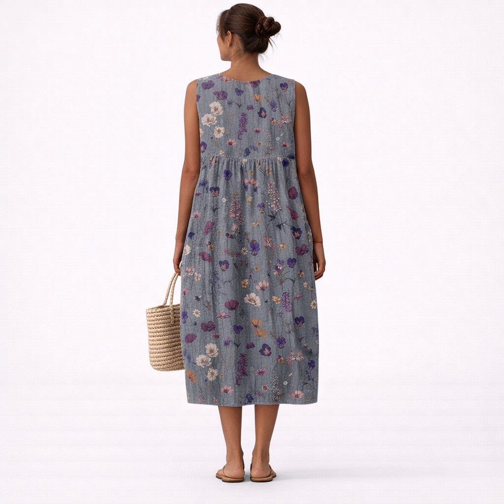 Floral Print Round Neck Sleeveless Pocket Midi Dress 3