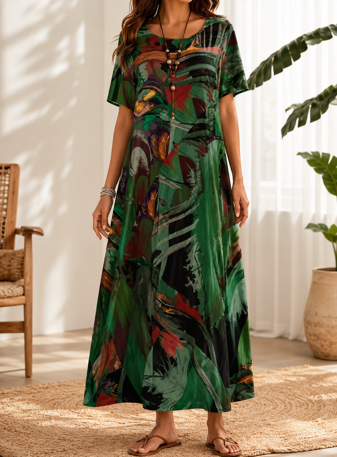 Abstract Print Round Neck Short Sleeve Flowy Maxi Dress 6