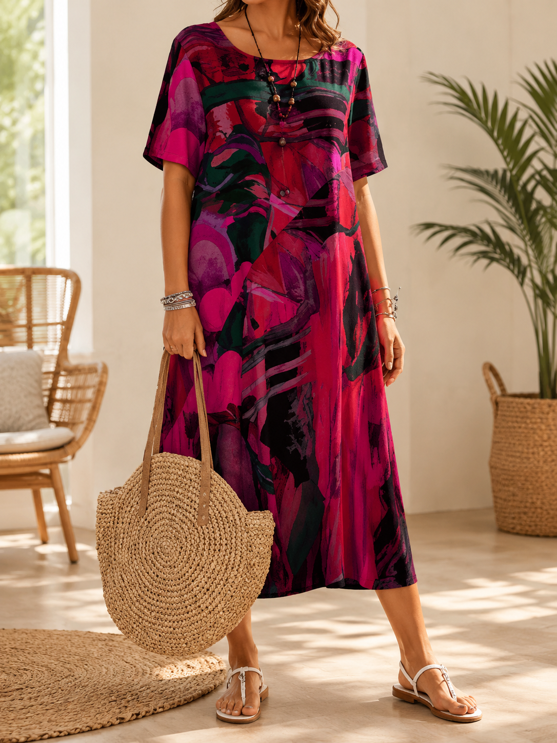 Abstract Print Round Neck Short Sleeve Maxi Dress 4