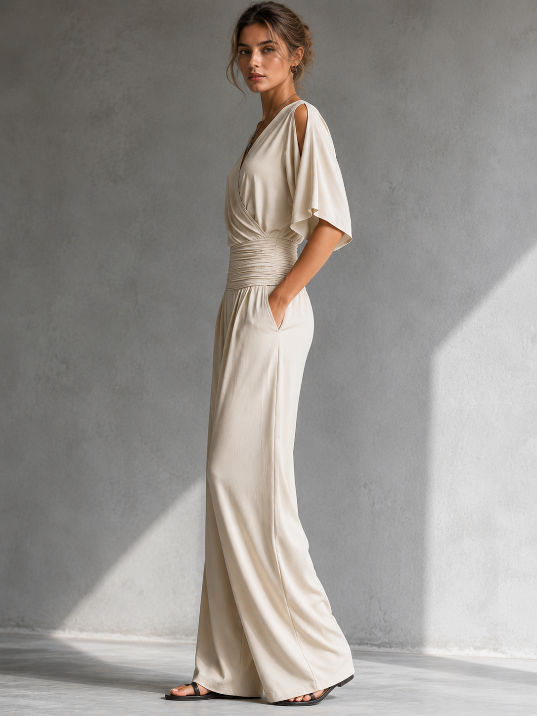 V-Neck Cold Shoulder Ruched Waist Wide Leg Jumpsuit 4