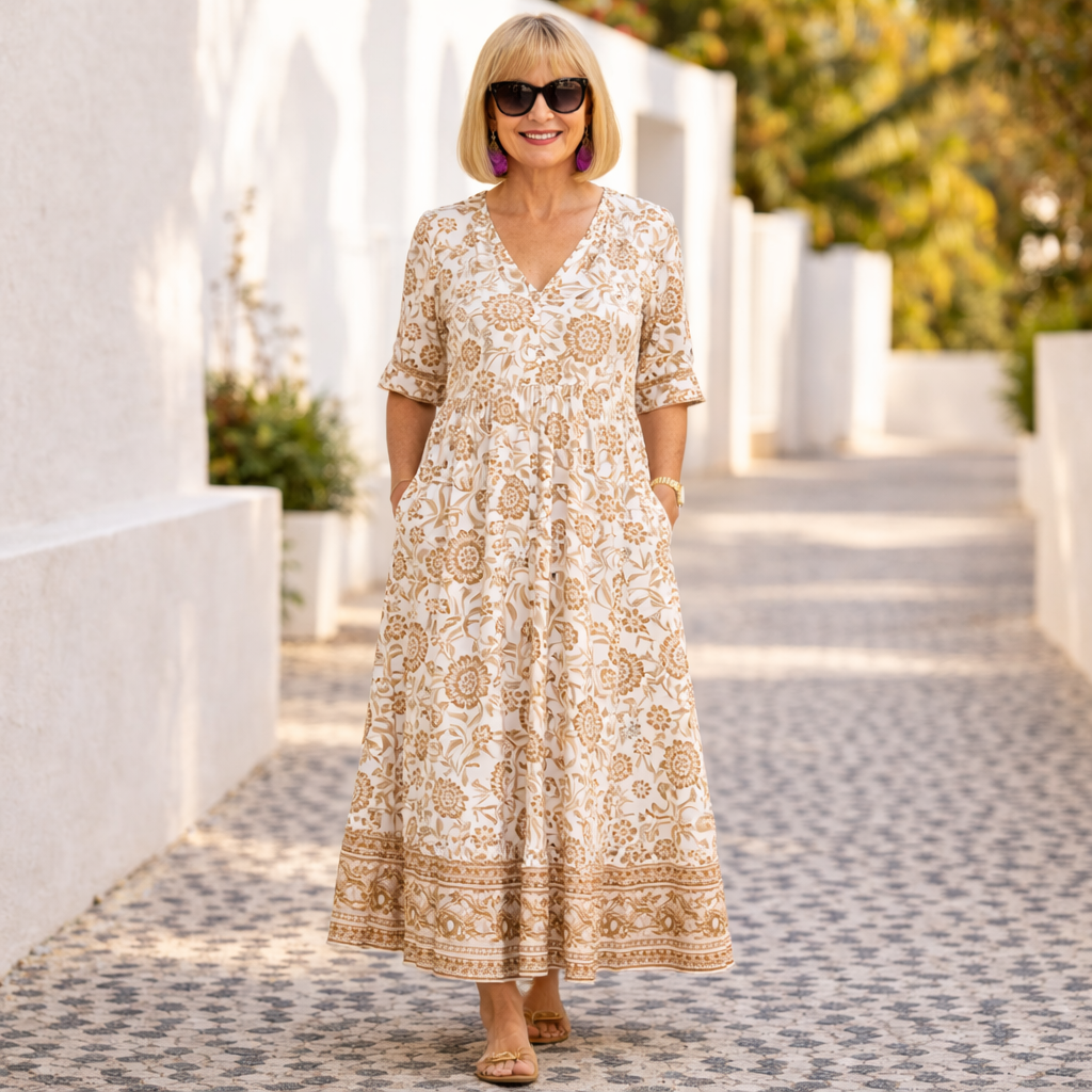 Floral Print V-Neck Short Sleeve Tiered Maxi Dress 5