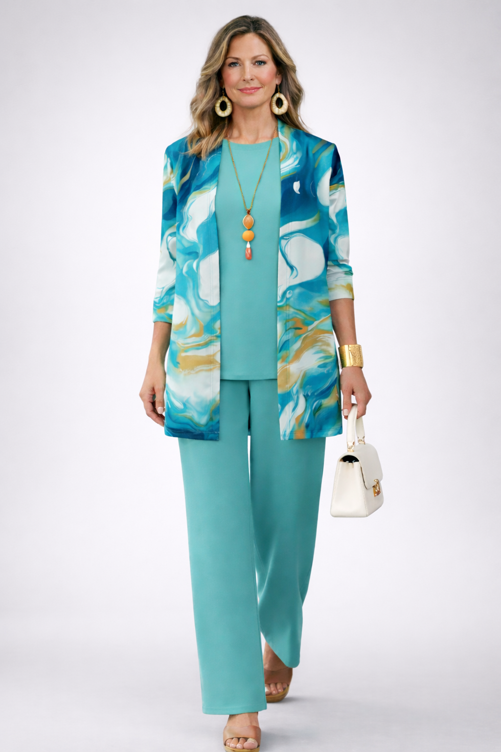 Abstract Swirl Print Longline Cardigan Tank and Pants Three Piece Set 2