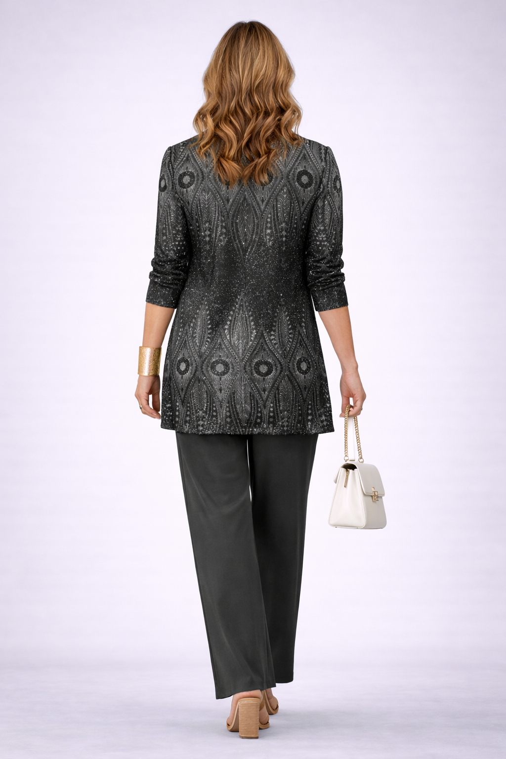 Damask Print Longline Cardigan Tank and Pants Three Piece Set 3