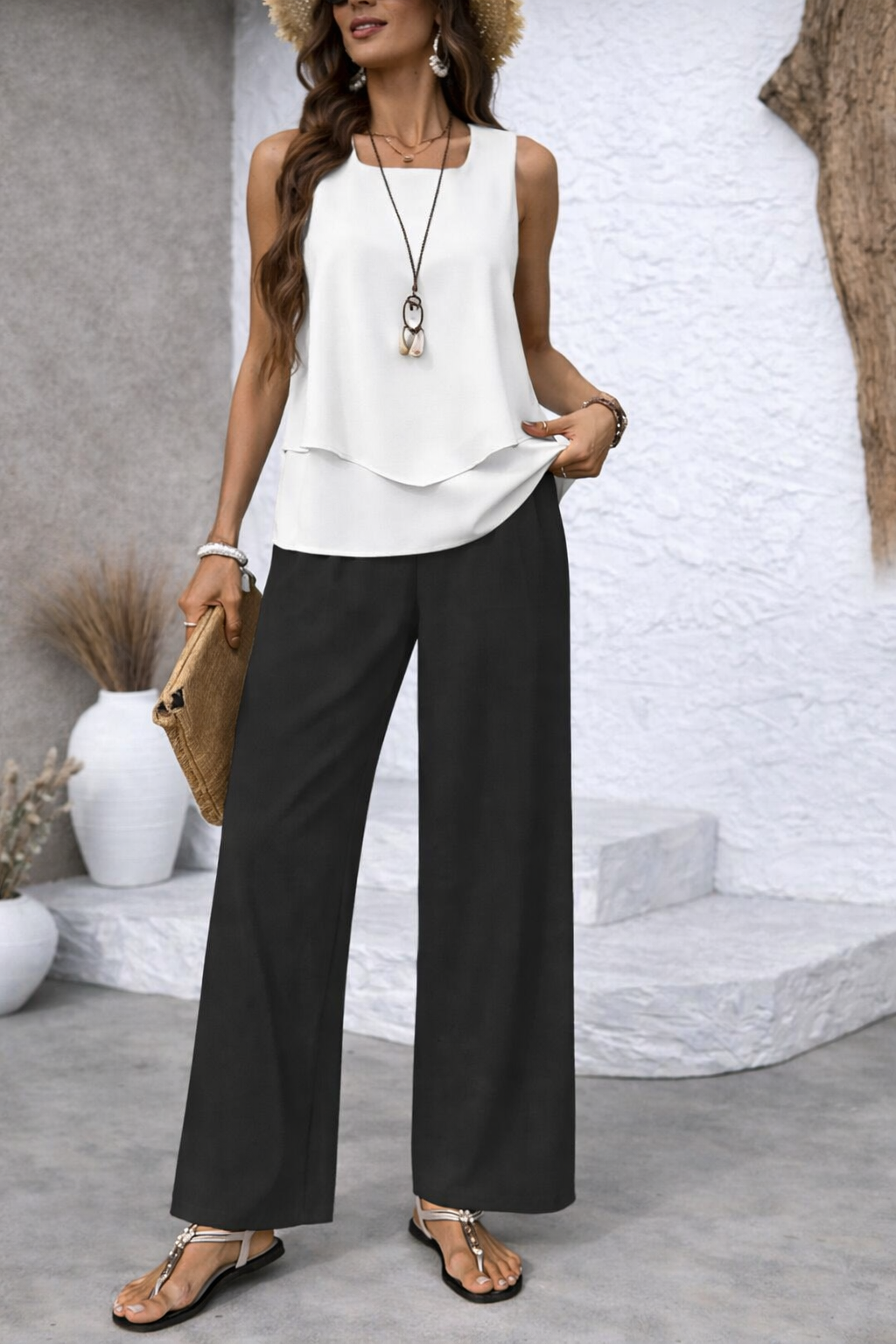 Sleeveless Layered Round Neck Top and Wide Leg Pants Two Piece Set