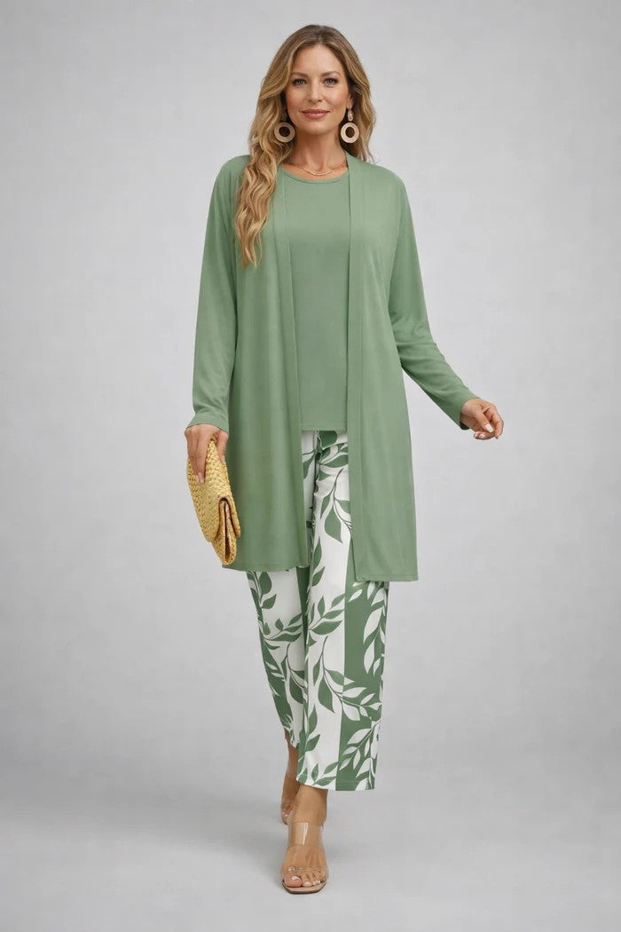 Palm Leaf Print Longline Cardigan Tank and Pants Three Piece Set 3