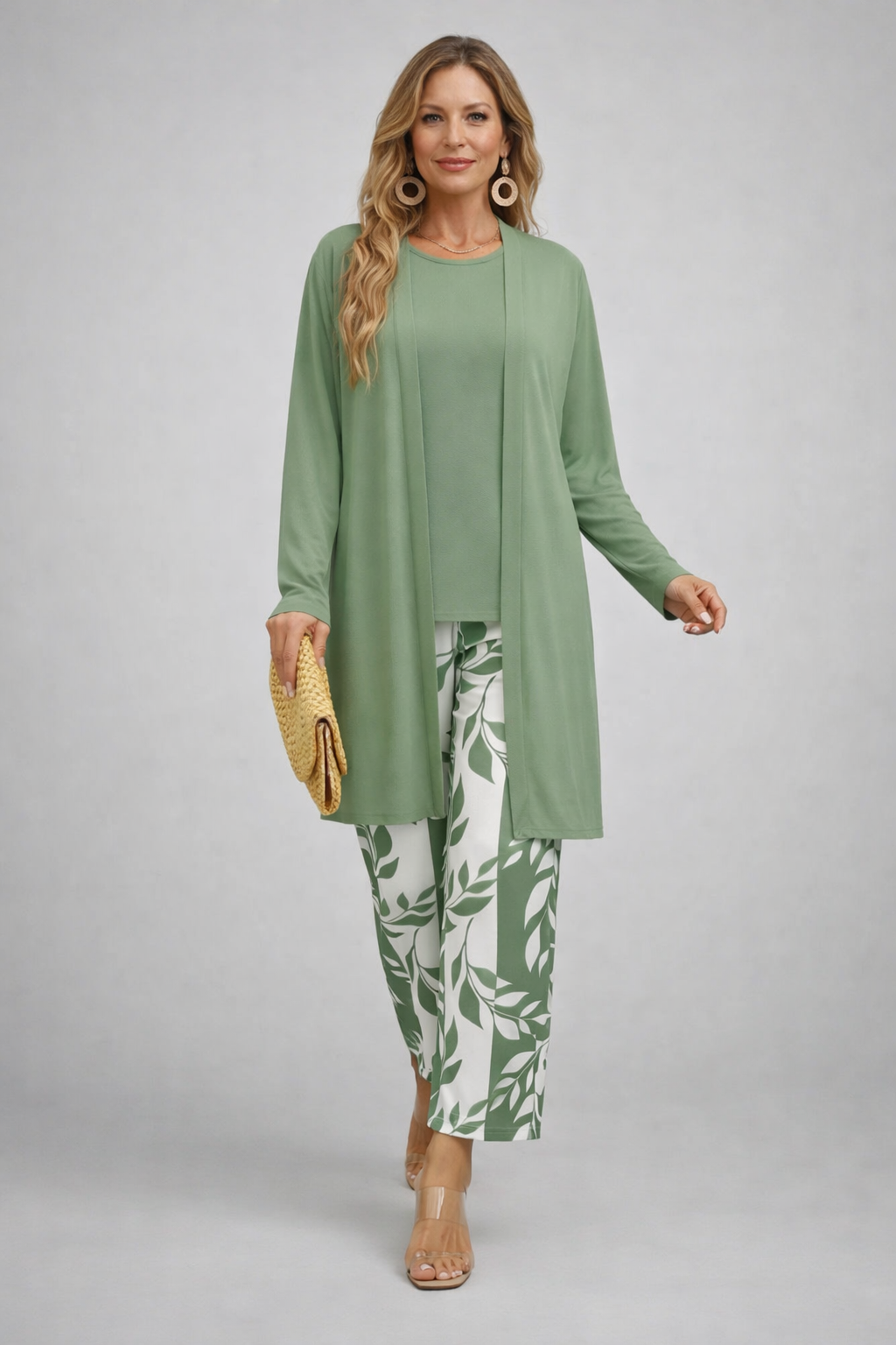 Longline Cardigan Tank and Leaf Print Pants Three Piece Set