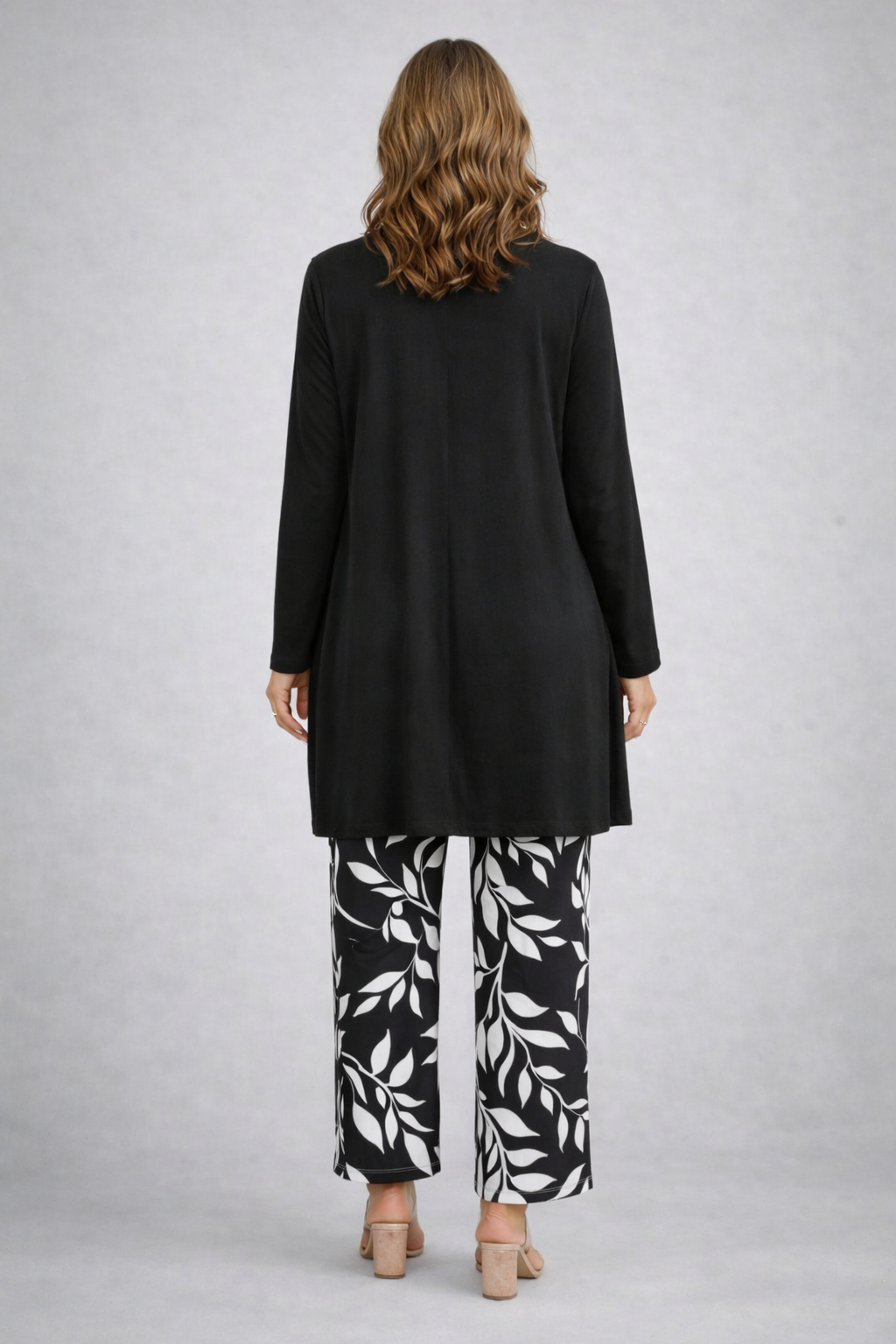 Longline Cardigan Tank and Leaf Print Wide Leg Pants Three Piece Set 2